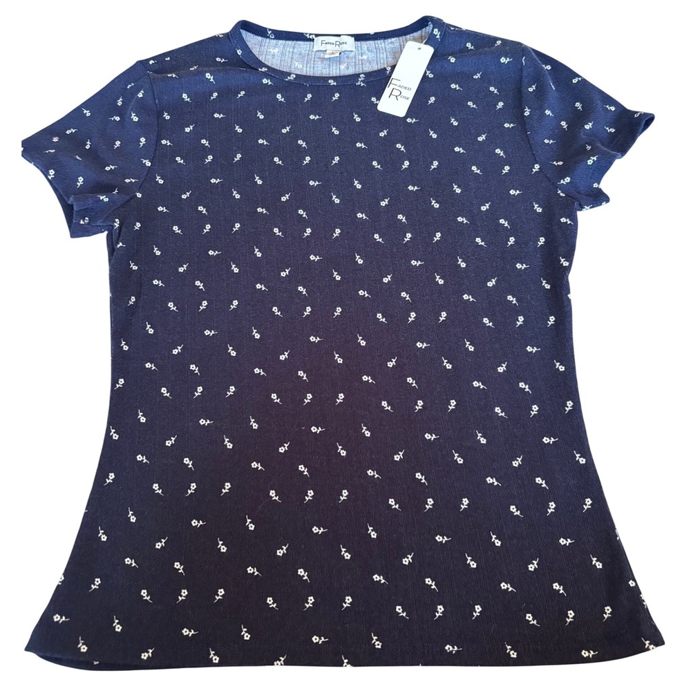 Faded Rose Womens Navy Blue Ditsy Floral Short Sleeve Ribbed Top Size Large NWT